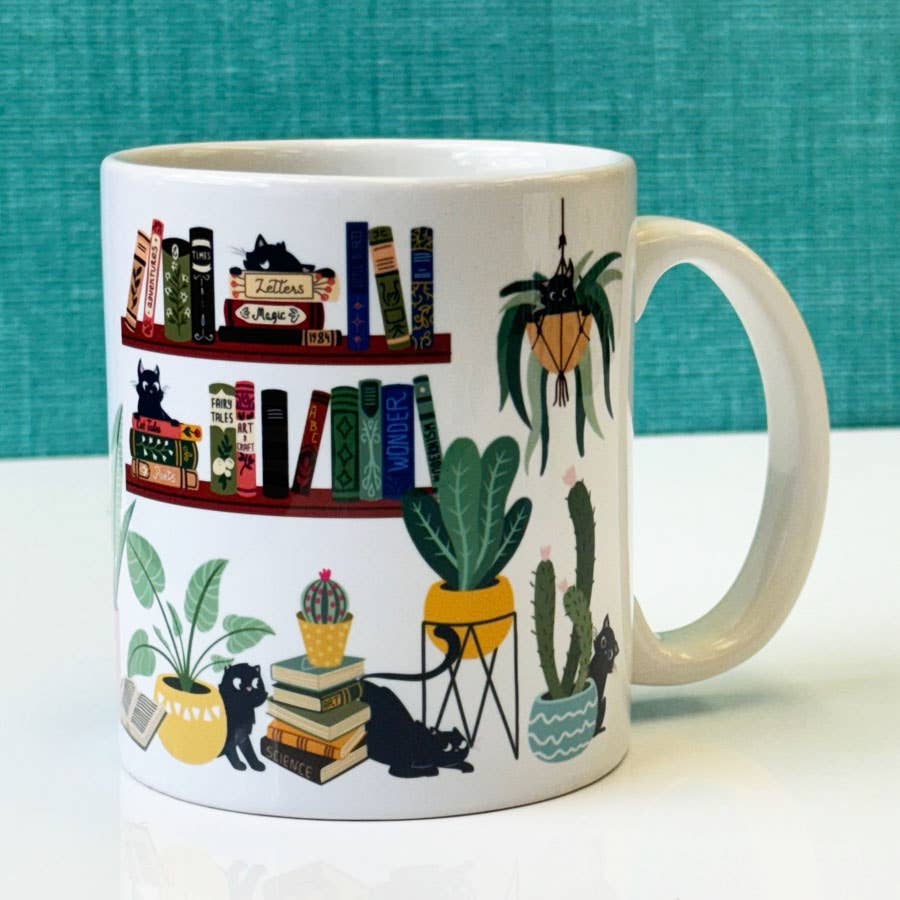 Cat Tales Coffee or Tea Mug w Plants & Books