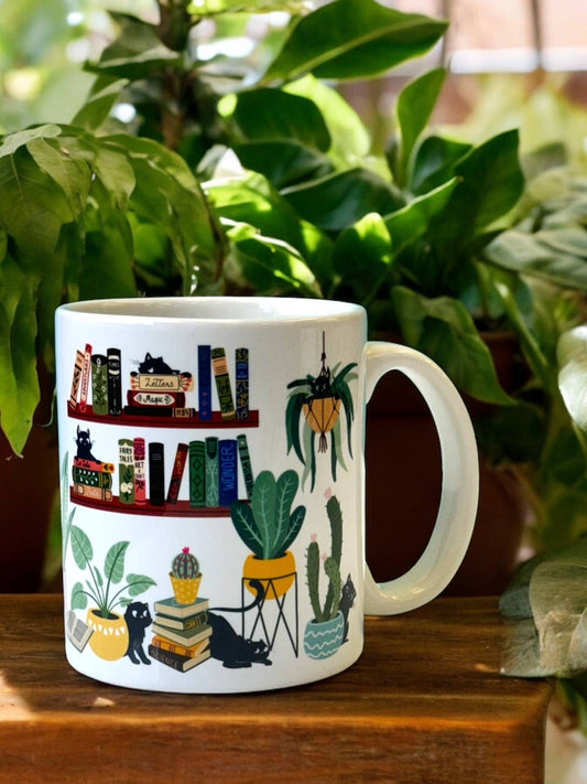 Cat Tales Coffee or Tea Mug w Plants & Books